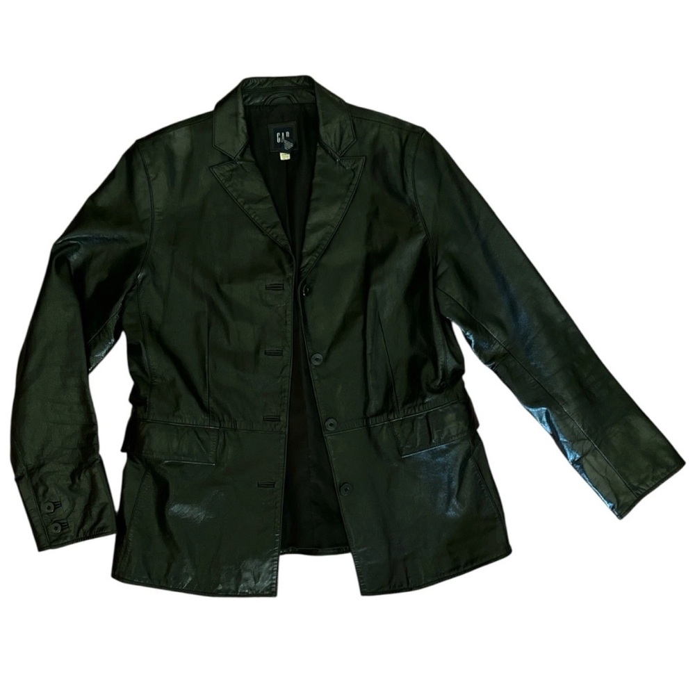 Vintage Y2K GAP Women’s Black Leather Button Front Jacket Medium Lined Classic